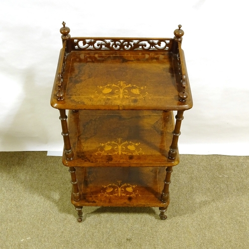 200 - A Victorian walnut and marquetry inlaid 3-tier whatnot, width 52cm