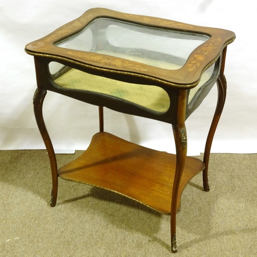 202 - A late Victorian rectangular mahogany vitrine table, with inlaid marquetry, glazed panels and under ... 