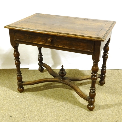 241 - An 18th century oak side table, with single drawer and shaped cross stretcher, 90cm x 59cm, height 7... 