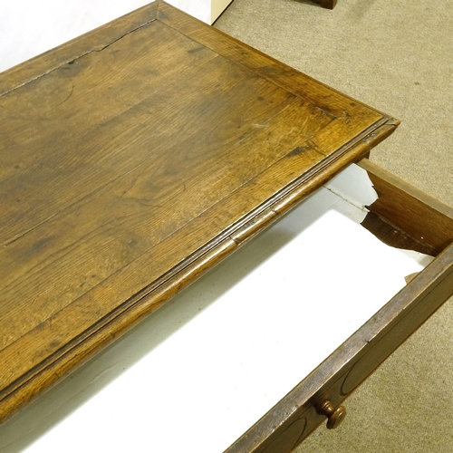 241 - An 18th century oak side table, with single drawer and shaped cross stretcher, 90cm x 59cm, height 7... 