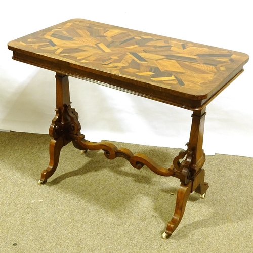 249 - An unusual 19th century specimen wood centre standing stretcher table, with optical illusion parquet... 