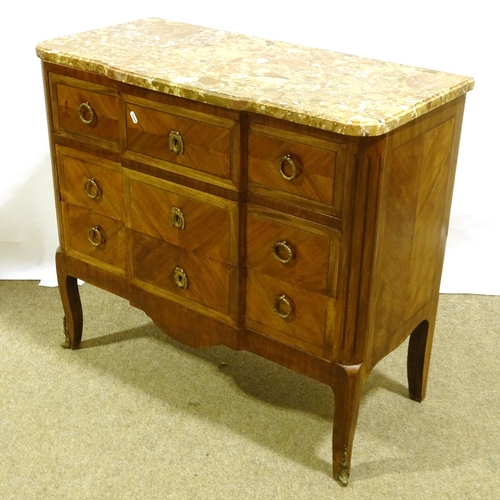 282 - A French kingwood break-front 3-drawer commode with marble top, width 93cm, height 83cm