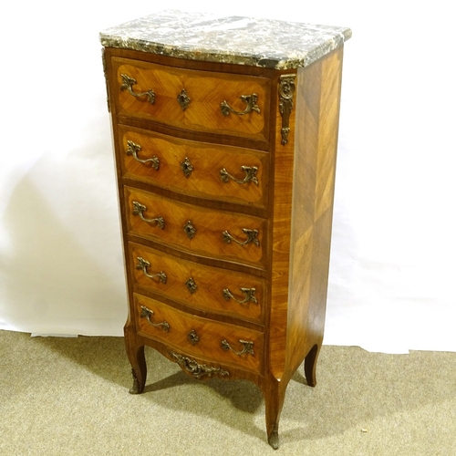 283 - A tall French kingwood serpentine-front chest of 5 drawers, with marble top, width 57cm, height 119c... 