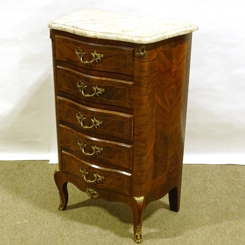 564 - A French kingwood serpentine-front tall chest of 5 drawers, with shaped marble top, width 61cm