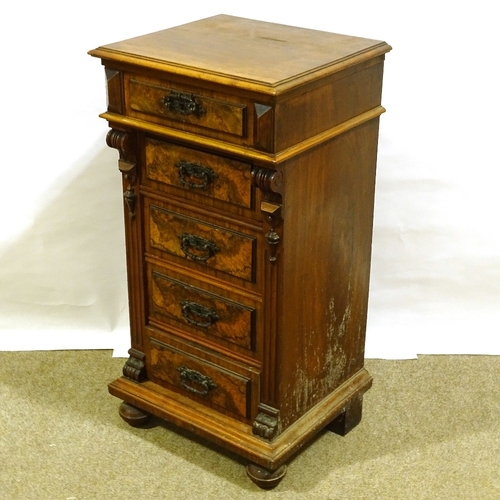 571 - A Victorian walnut narrow chest of 5 drawers, with carved pilasters, width 45cm, height 90cm