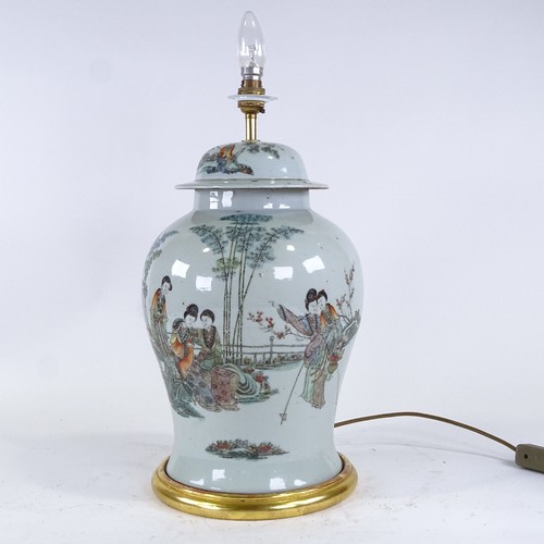 101 - A Chinese white glaze porcelain jar and cover converted to a table lamp, with panels of text inscrip... 