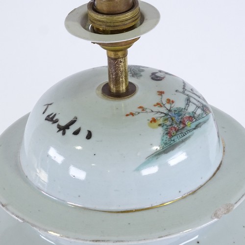 101 - A Chinese white glaze porcelain jar and cover converted to a table lamp, with panels of text inscrip... 