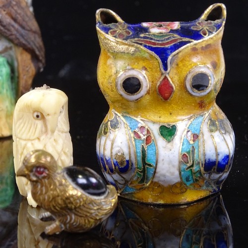 216 - A collection of ornamental owls, including an electroplate pepperette, height 8cm, Bilston enamel iv... 