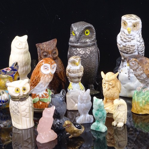 216 - A collection of ornamental owls, including an electroplate pepperette, height 8cm, Bilston enamel iv... 