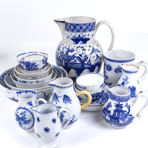 293 - A collection of 18th century English blue and white china, including sparrow-beak jugs, a pint mug, ... 