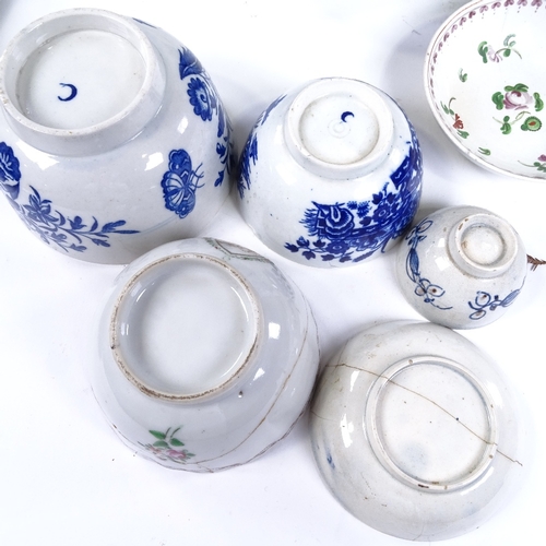 293 - A collection of 18th century English blue and white china, including sparrow-beak jugs, a pint mug, ... 