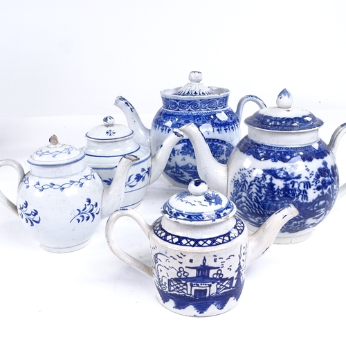 294 - 5 English blue and white teapots, including 18th century Leeds Pearlware (A/F) (5)