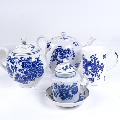 298 - A group of 18th century Worcester blue and and white porcelain, including 2 teapots, and a preserve ... 