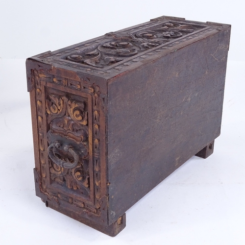 299 - A small 19th century relief carved wood table-top chest of drawers with ivory columns, width 25cm