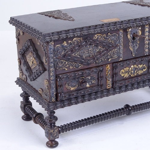 301 - A 19th century Portuguese mahogany jewel casket, with rising lid, relief moulded silver mounts, on b... 