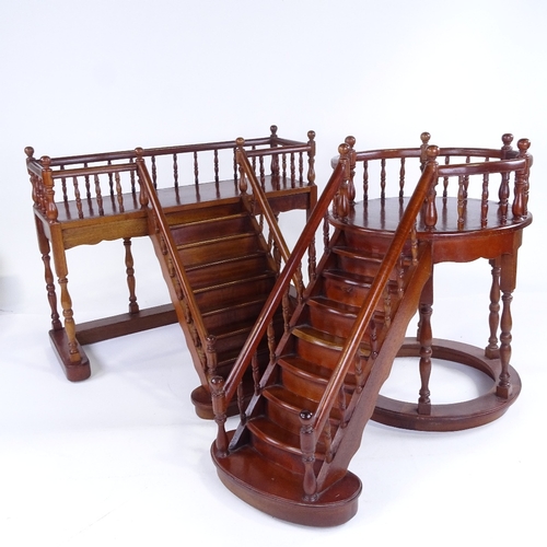 304 - 2 mahogany staircase design display stands, late 20th century, largest width 45cm