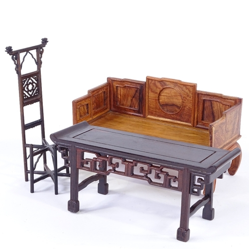 308 - 3 pieces of miniature Chinese hardwood furniture, including a panelled settle, width 24cm, altar tab... 