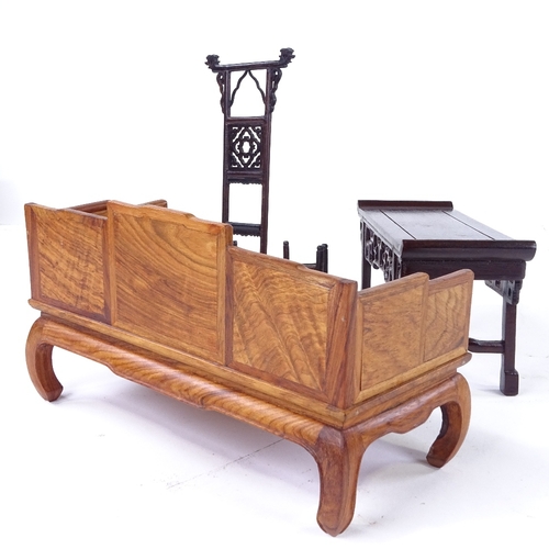 308 - 3 pieces of miniature Chinese hardwood furniture, including a panelled settle, width 24cm, altar tab... 