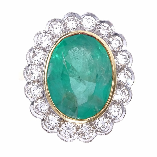 1108 - A large oval emerald and diamond cluster ring, central oval mixed-cut emerald approx 6.75ct, surroun... 