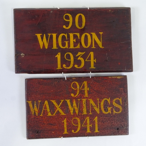 317 - 2 Vintage wooden plaques inscribed 90 Wigeon 1930, width 29cm, and 94 Waxwings 1941, width 25cm (2)