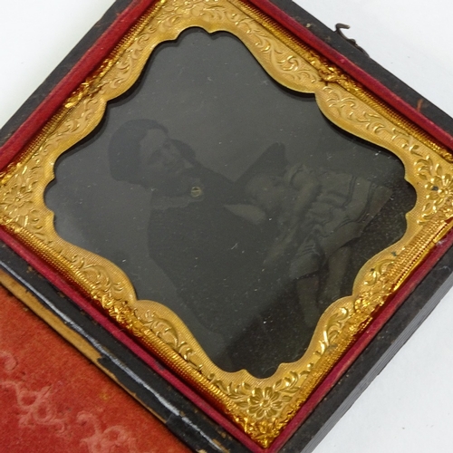 573 - A 19th century tin-type North American photograph, portrait of a woman feeding a baby,  in original ... 