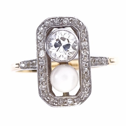 1152 - An Art Deco 18ct gold whole pearl and diamond cluster panel ring, geometric octagonal form with diam... 