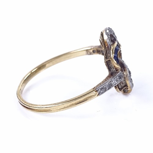 1150 - An early 20th century unmarked high carat gold sapphire and diamond dress ring, inverted intertwined... 