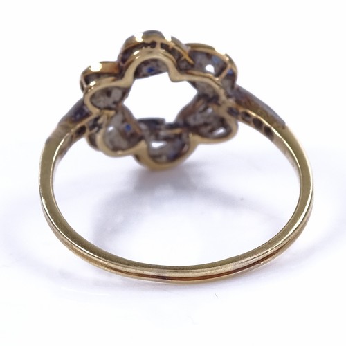 1150 - An early 20th century unmarked high carat gold sapphire and diamond dress ring, inverted intertwined... 