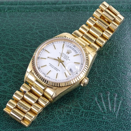 1047 - ROLEX - an 18ct gold Oyster Perpetual Day-Date automatic wristwatch, ref. 18038, circa 1986, white d... 