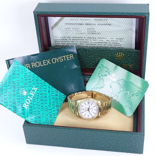 1047 - ROLEX - an 18ct gold Oyster Perpetual Day-Date automatic wristwatch, ref. 18038, circa 1986, white d... 