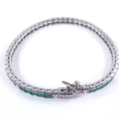 1113 - An emerald and diamond tennis line bracelet, set at alternates with calibre-cut emeralds and round b... 