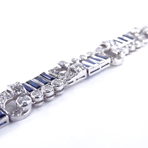 1115 - An Art Deco sapphire and diamond bracelet, circa 1930s, geometric and scroll form, set with rectangu... 