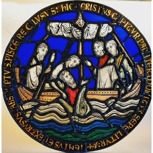 580 - A stained glass panel, copy of 13th century window in Canterbury Cathedral depicting Jonah and the W... 