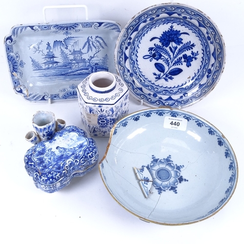 300 - A group of Dutch tin glaze Delftware, including tea caddy, posy vase, dish etc (5)