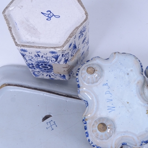 300 - A group of Dutch tin glaze Delftware, including tea caddy, posy vase, dish etc (5)