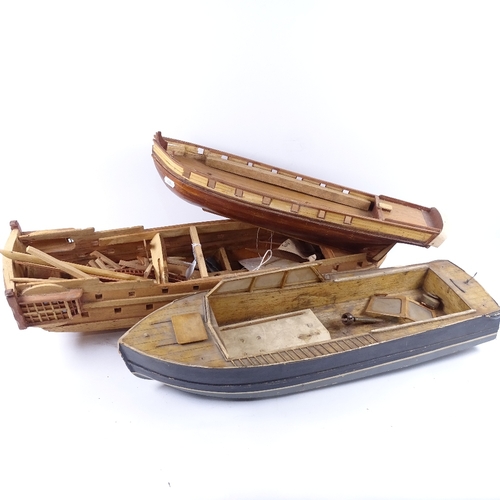 610 - 3 handmade model ship hulls, largest length 72cm (3)