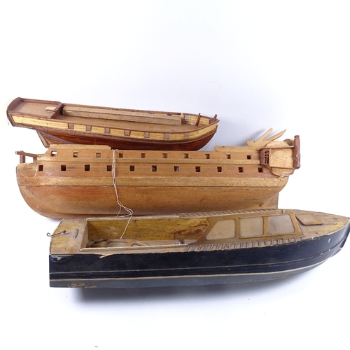 610 - 3 handmade model ship hulls, largest length 72cm (3)