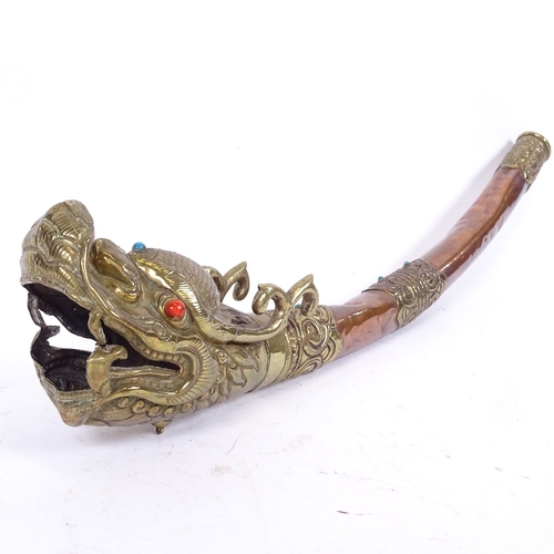 100 - A Chinese copper and brass dragon horn, mounted with cabochon stones, length 42cm