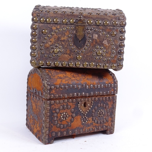 101 - 2 19th century brass-studded leather dome-top storage caskets, largest width 24cm (2)