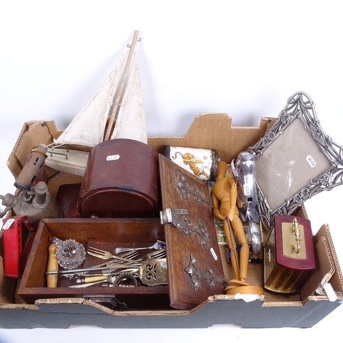 115 - Various collectables, including artist's lay figures, model ship, blow torch, plated cutlery etc (bo... 