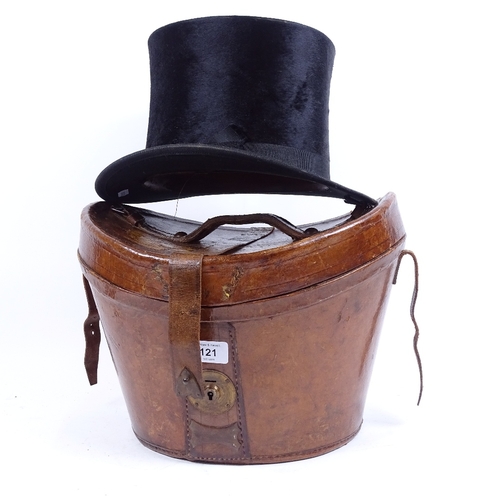 121 - A 19th century leather top hat travelling box, and a Campling black top hat (2)