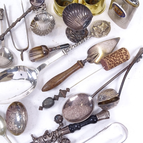 183 - Various collectables, including silver plated Vestas, caddy spoons, punch rattle, miniature trowel e... 