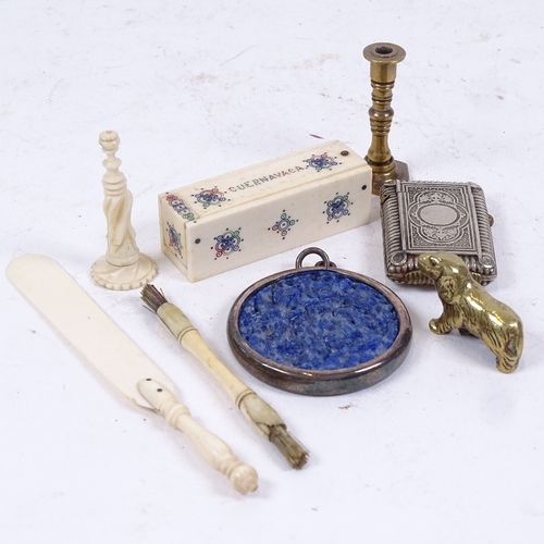 194 - A miniature bone domino set, a Chinese pierced lapis pendant, a silver plated Vesta case, a doll's h... 