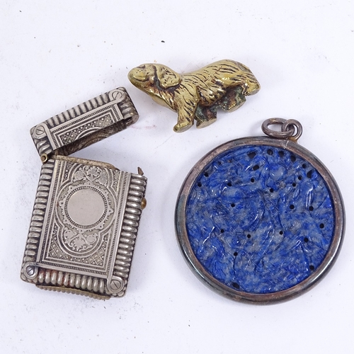 194 - A miniature bone domino set, a Chinese pierced lapis pendant, a silver plated Vesta case, a doll's h... 