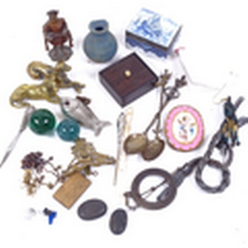 195 - Various interesting collectables, including miniature painted bronze figurine, military cap badge, s... 