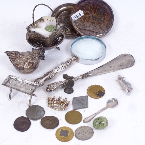 207 - Various collectables, including jade eggs, Egyptian silver dish, Victorian silver-handled magnifying... 