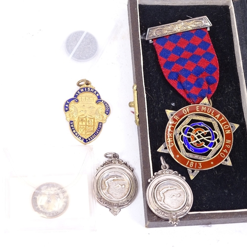 215 - 2 early 20th century silver swimming medals, silver Masonic Chapter of Emulation jewel, coins etc