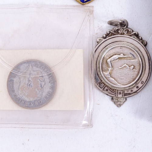 215 - 2 early 20th century silver swimming medals, silver Masonic Chapter of Emulation jewel, coins etc