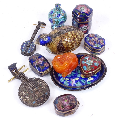 217 - A group of Chinese cloisonne enamel items, including miniature mandolin, bird box, dishes etc (boxfu... 