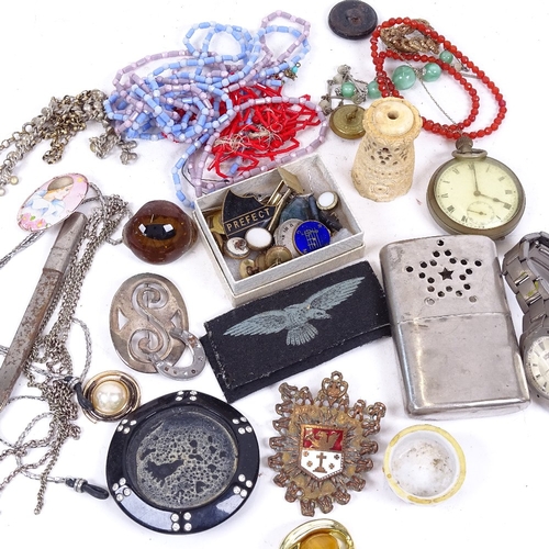 218 - Various collectables, including pocket watch, costume jewellery, buttons, badges etc (boxful)